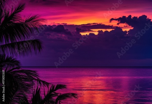 stunning palm silhouette vibrant sunset sky showcasing rich hues purple day transitions into night, orange, pink, clouds, evening, dusk, landscape, nature
