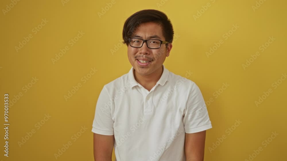 Young chinese man wearing glasses in a white polo shirt against a vibrant yellow background, standing isolated with a composed expression. Young chinese man wearing glasses in a white polo shirt against a vibrant yellow background, standing isolated with a composed expression.