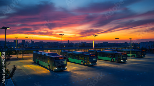 An electric bus depot at dawn with buses quietly preparing for the day’s routes surrounded by green infrastructure.