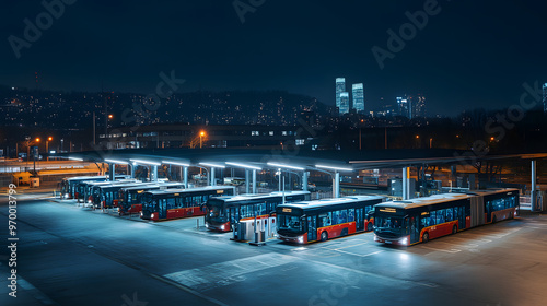 An electric bus depot at night with buses silently recharging under the glow of energy-efficient LED lights and the city skyline in the background.