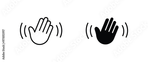 greeting or goodbye. Human waving palm Hand wave icon, motion sensor Waving hi or hello, bye line and flat icons set, editable stroke isolated on white, linear vector outline illustration, symbol logo