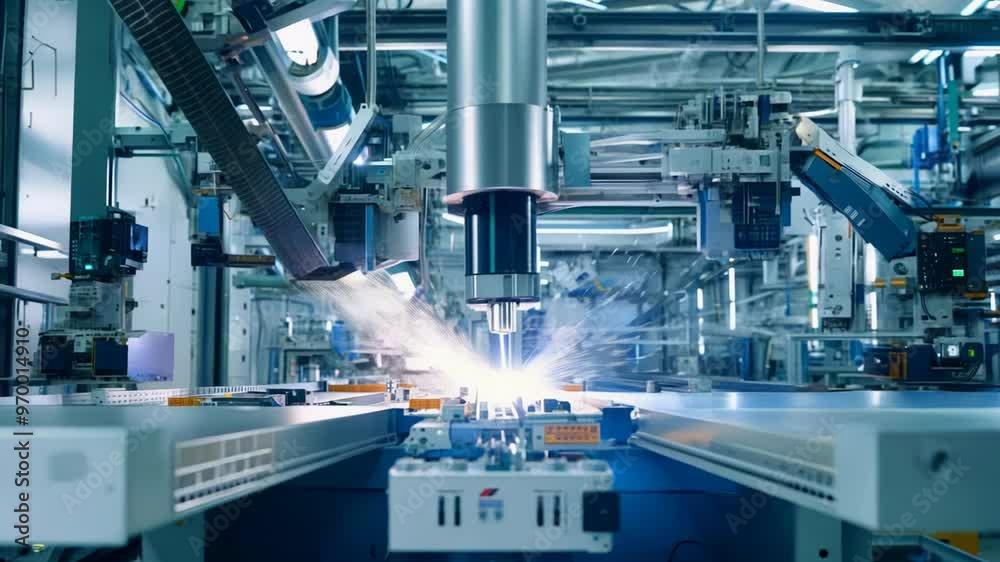 An industrial robot efficiently conducts welding operations in a modern manufacturing environment, showcasing precision and advanced technology. Sparks fly as it works seamlessly on an assembly line.