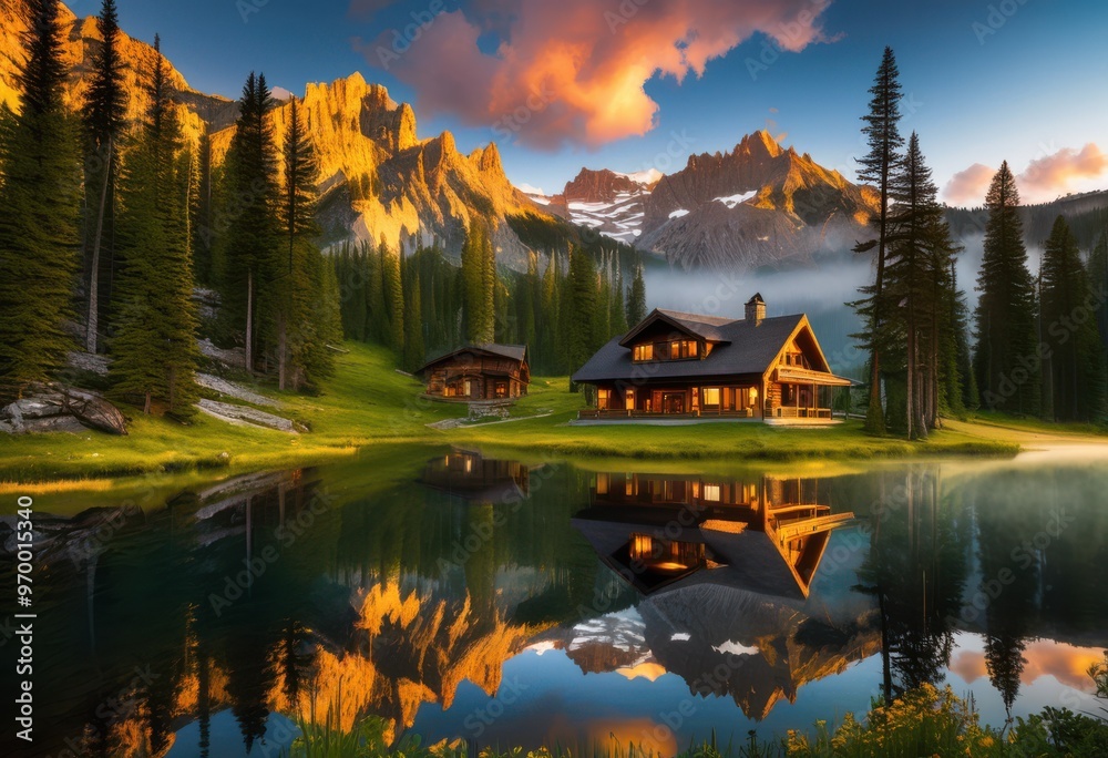 Fototapeta premium breathtaking mountain vistas featuring luxurious accommodation options surrounded majestic nature, adventure, attraction, backpacking, beauty, cabin