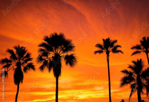 vibrant palm tree silhouette set stunning sunset backdrop rich orange yellow hues, sky, nature, tropical, horizon, sunlight, bright, scene, landscape, summer