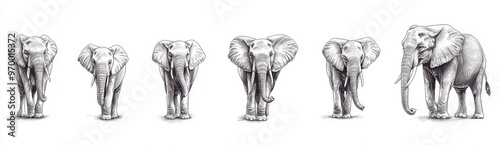 Vintage engraving of an elephant set illustration. Black and white silhouette illustration.