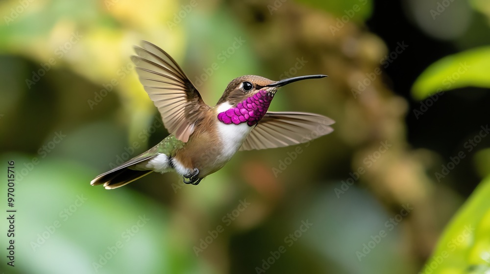 Fototapeta premium Magenta-throated Woodstar (Calliphlox bryantae) is a small hummingbird that makes its home in the forest edges and scrublands of Costa Rica and western Panama. 