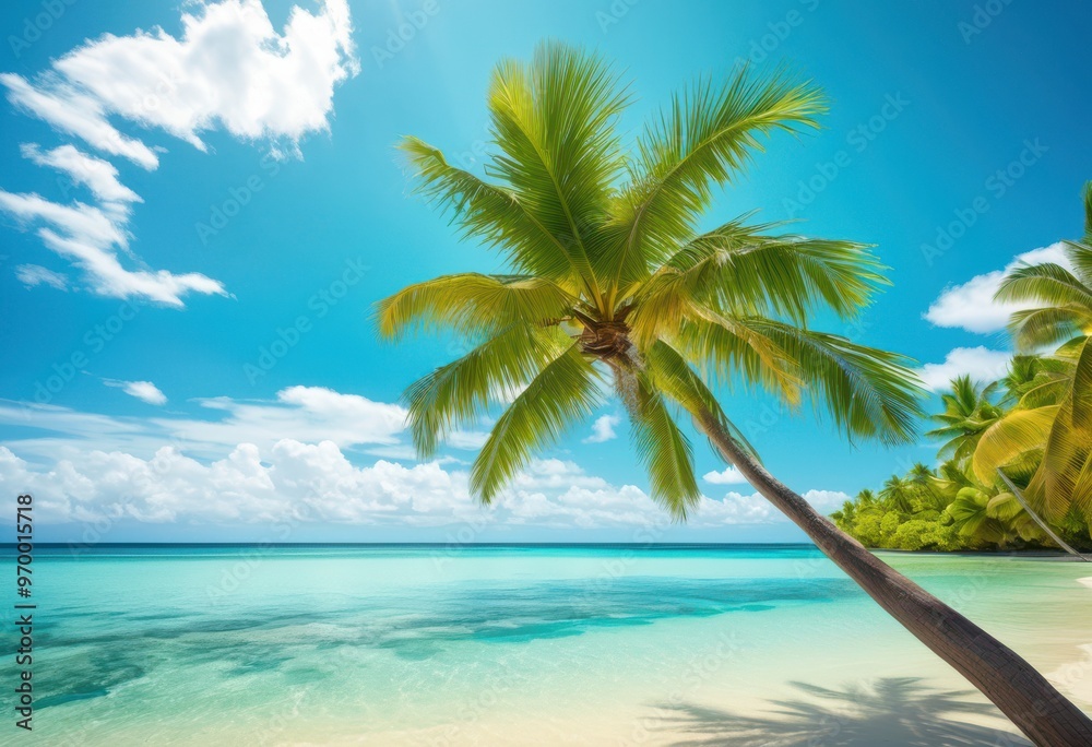 vibrant seaside oasis featuring lush palm trees surrounded crystal clear blue waters under bright sunny sky, beach, coast, shoreline, shore, island, tropical vibrant seaside oasis featuring lush palm trees surrounded crystal clear blue waters under bright sunny sky, beach, coast, shoreline, shore, island, tropical