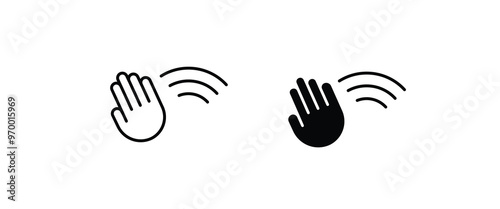 greeting or goodbye. Human waving palm Hand wave icon, motion sensor Waving hi or hello, bye line and flat icons set, editable stroke isolated on white, linear vector outline illustration, symbol logo