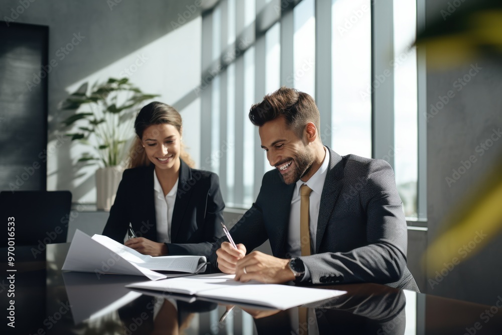 Two business professionals sit across from each other, reviewing documents and smiling in a bright, modern office with large windows and green plants. Two business professionals sit across from each other, reviewing documents and smiling in a bright, modern office with large windows and green plants.