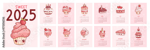 Cute sweet calendar 2025. Funny cartoon kawaii character desserts, birthday cake, ice cream and cupcake. Vector vertical printable planner organizer. Cover and 12 month pages English Week from Sunday