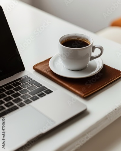 minimalist desk setup, with a sleek laptop, a notepad, and a cup of coffee 