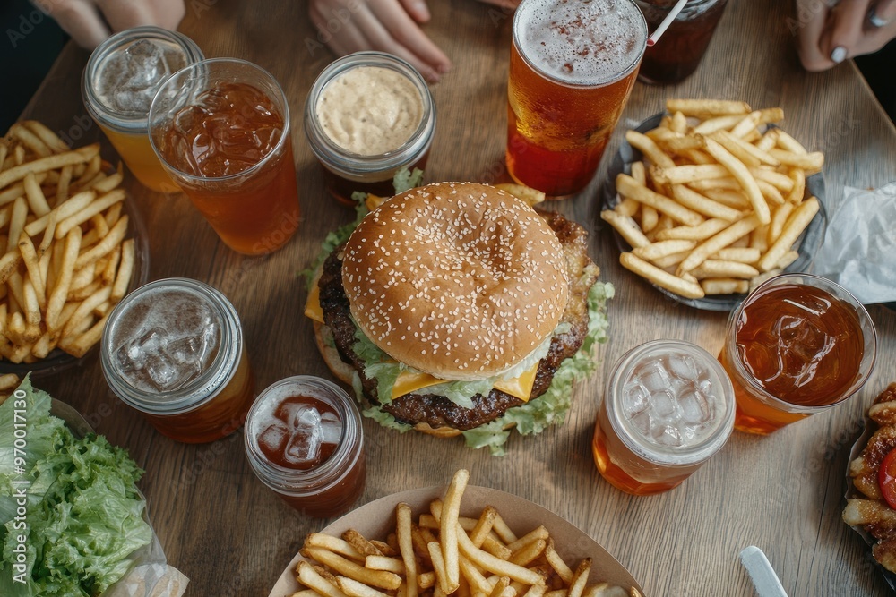 Fast food feast with burgers, fries, chicken wings, and soft drinks spread across a table