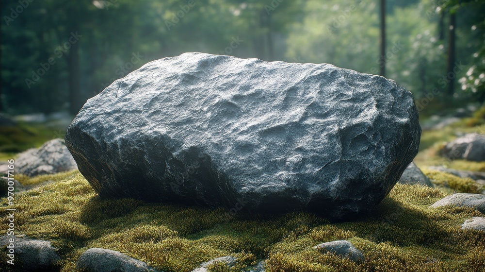 Fototapeta premium Large, Gray Boulder Resting on Green Moss in a Forest Setting