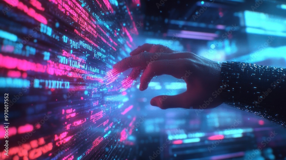 A Hand Interacting with Glowing Digital Data A Hand Interacting with Glowing Digital Data