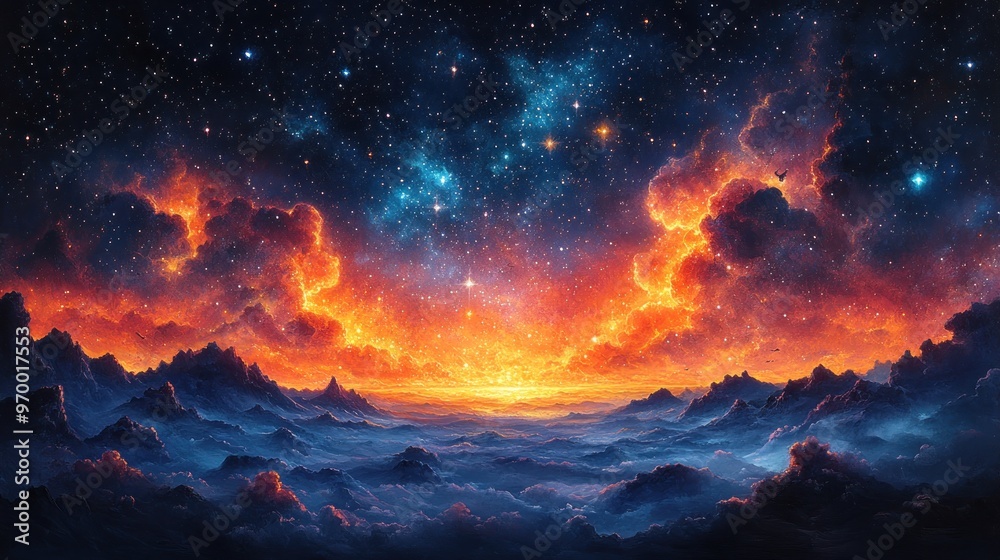 Fototapeta premium Fiery Sunset Over a Mountainous Alien Landscape