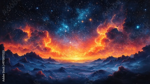 Fiery Sunset Over a Mountainous Alien Landscape