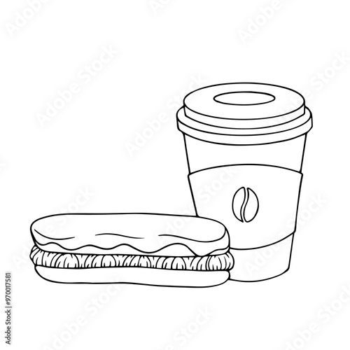Line sketch, outline of a cup of coffee with an eclair cake. Vector graphics.