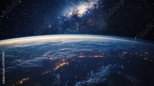 Earth from Space with Milky Way Galaxy.