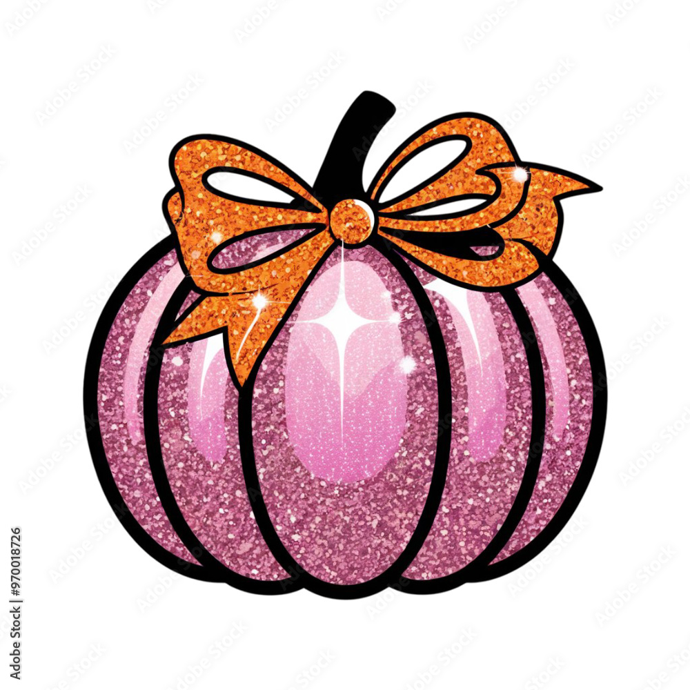 A shimmering pink pumpkin decorated like a disco ball features a glittery orange bow on top, A shimmering pink pumpkin decorated like a disco ball features a glittery orange bow on top,