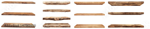 Set of empty wooden shelf isolated on transparent background, set of