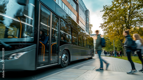 An electric bus passing by a university campus with students boarding reflecting the commitment to sustainability in educational institutions.