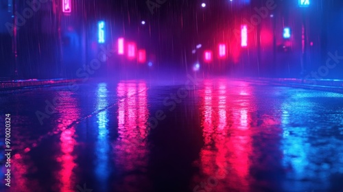 Neon Lights Reflecting on Wet Pavement in the Rain