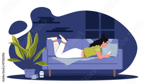 Woman with gadget addiction insomnia. Young girl with smartphone lies on bed in dark. Mental and psychological problems. Unhealthy living and incorrect daily routine. Flat vector illustration