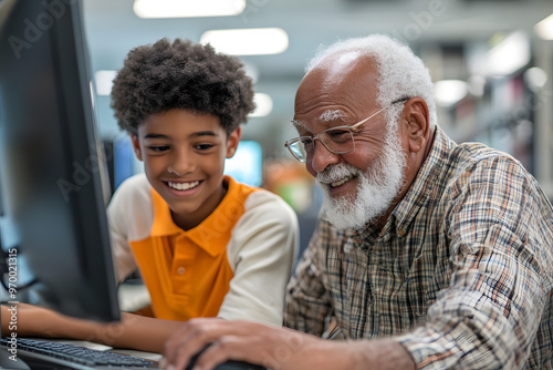 A young boy assists an older man with computer tasks in a bright, diverse office setting, highlighting intergenerational collaboration and learning