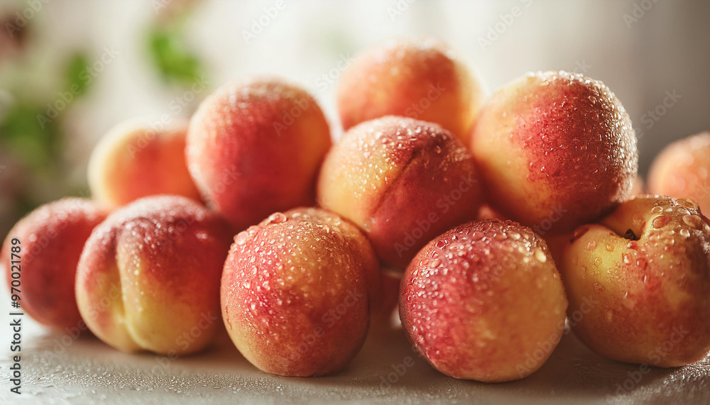 Fresh peaches with water droplets. Juicy fruit. Healthy eating. Natural product. Fresh peaches with water droplets. Juicy fruit. Healthy eating. Natural product.