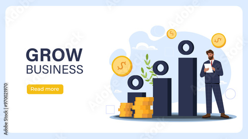 Grow business poster. Man in suit near growing graph with gold coins. Financial literacy and passive income. Investing and trading. Landing page design. Flat vector illustration