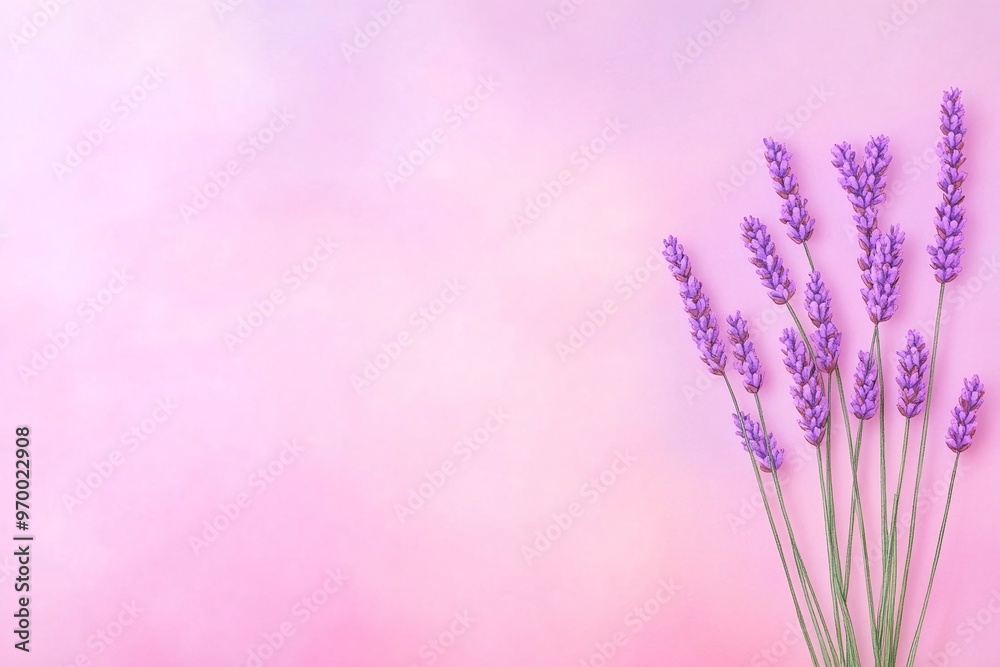 Fototapeta premium Lavender flowers arranged on pink pastel background with copy space for text. Minimalist and elegant floral composition. Design for banner, greeting card, and marketing material.