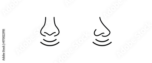 breathing nose, Smell, odour scent human nose with nostrils Smelling line and flat icons set, editable stroke isolated on white, linear vector outline illustration, symbol logo design