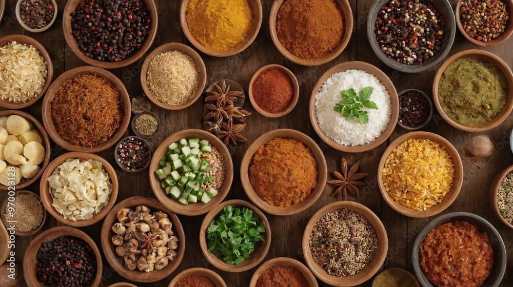 Bowls filled with lots of different kinds of food, renaissance, spices. Bowls filled with lots of different kinds of food, renaissance, spices.