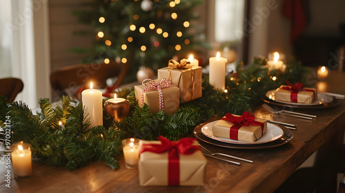 A beautifully decorated Christmas dining table with small wrapped gifts placed on each plate surrounded by candles and greenery.