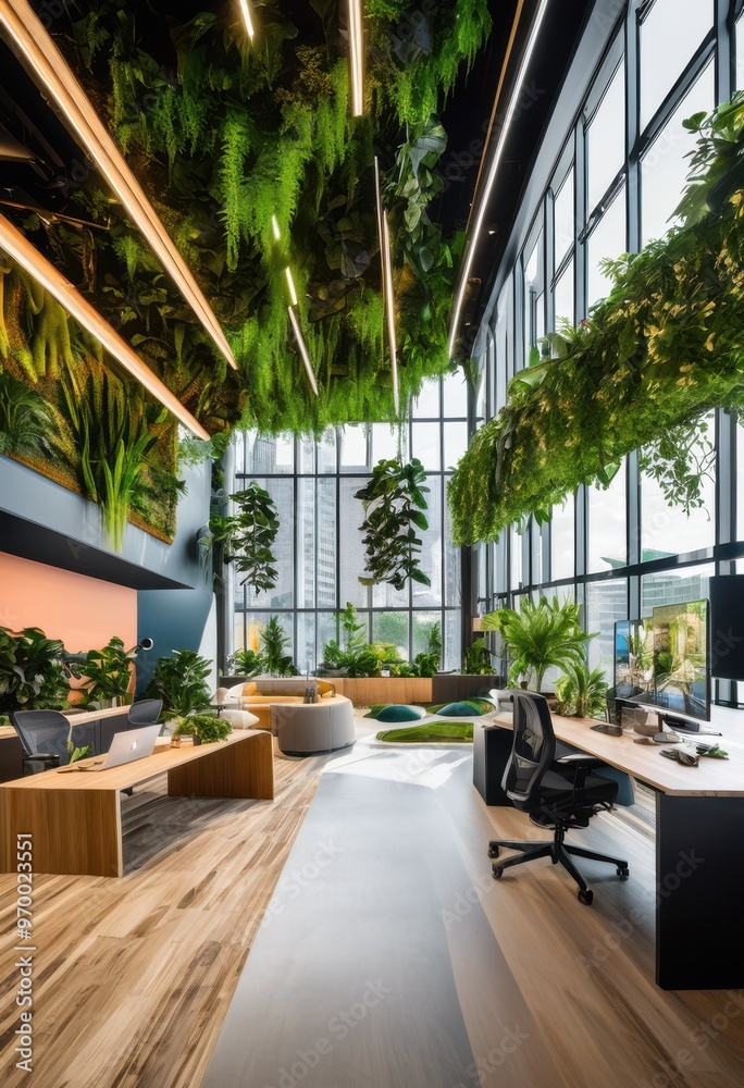 Fototapeta premium innovative dynamic workspace concepts featuring nature inspired elements enhanced creativity productivity, design, office, decor, plants, furniture