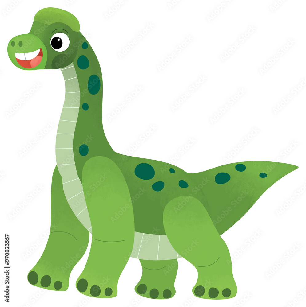Naklejka premium cartoon scene with happy prehistoric animal brachiosaurus brontosaurus diplodocus dino dinosaur smiling and walking isolated on white background illustration for kids