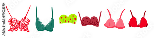 Set of bra, underwear for women. Fashion collection with various types of underclothing. isolated hand drawn cartoon vector illustrations with colorful lingerie on white background.