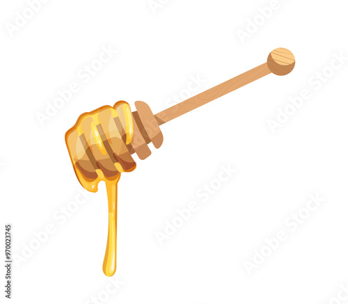 Honey element honeystick. Stick with honey. Natural and organic sweet product. Fresh dessert and delicacy. Farming and agriculture. Flat vector illustration isolated on white background