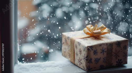 A beautifully wrapped Christmas gift box with a snowflake pattern sitting on a windowsill with snow gently falling outside. photo