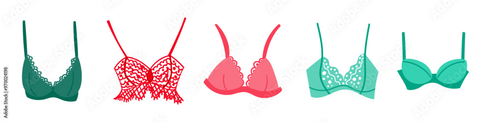 Set of bra, underwear for women. Fashion collection with various types of underclothing. isolated hand drawn cartoon vector illustrations with colorful lingerie on white background. Set of bra, underwear for women. Fashion collection with various types of underclothing. isolated hand drawn cartoon vector illustrations with colorful lingerie on white background.