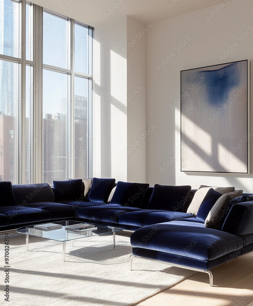 Elegant contemporary sectional sofa in a sunlit open-plan living area, deep blue velvet upholstery Elegant contemporary sectional sofa in a sunlit open-plan living area, deep blue velvet upholstery