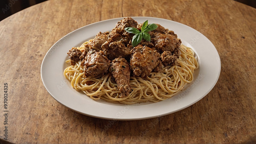 A plate filled with pasta linguine and fried chicken liver on the wooden table, fried chicken in a plate. A plate filled with pasta linguine and fried chicken liver on the wooden table, fried chicken in a plate.