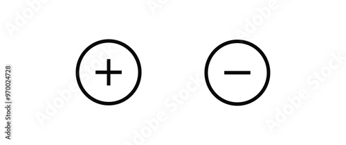 Round plus and minus icons set with different thicknesses line and flat icons set, editable stroke isolated on white, linear vector outline illustration, symbol logo design style