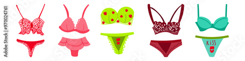 Lingerie set. Trendy female underwear. Panties, bikinis and bras. Hand drawn colorful collection of women underwear.