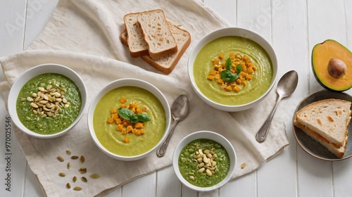 A dal and avocado soup in bowls, with dryfruit seeds and sandwiches with spinach on white cloth and wooden background. photo