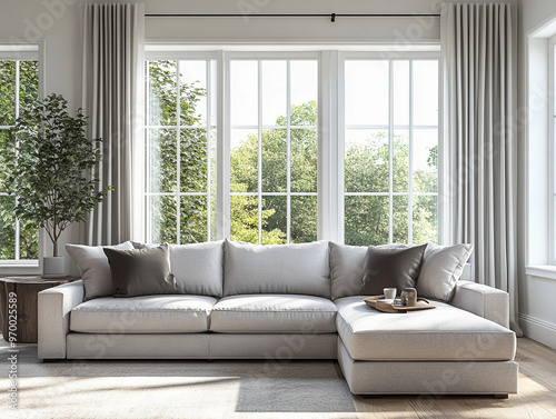 Modern sectional sofa in a sleek, minimalist living room, soft grey fabric with clean lines