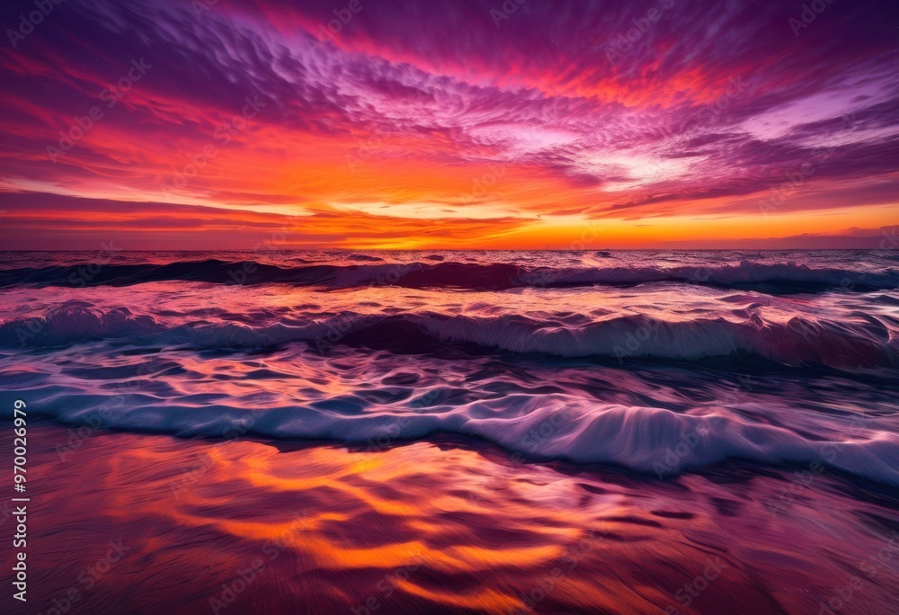 vibrant sunset illuminating tranquil sea waves rich colors calming reflections water surface, beach, horizon, sky, light, nature, beauty, evening, landscape vibrant sunset illuminating tranquil sea waves rich colors calming reflections water surface, beach, horizon, sky, light, nature, beauty, evening, landscape