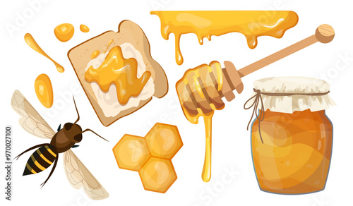 Set of honey. Stick with honeycomb, bee and glass jar with honey. Natural and organic dessert and delicacy. Sweet fresh food. Flat vector collection isolated on white background