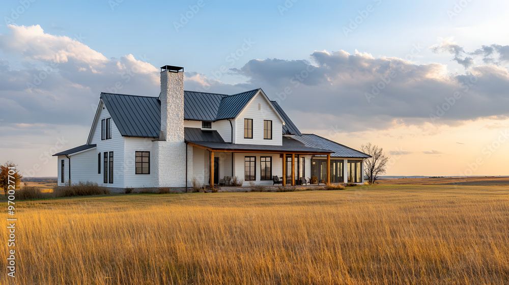 A modern farmhouse with a blend of traditional and contemporary elements set in a wideopen field. A modern farmhouse with a blend of traditional and contemporary elements set in a wideopen field.