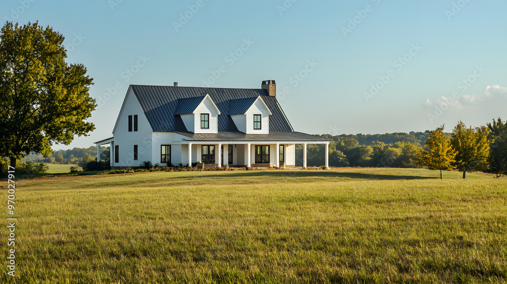 A modern farmhouse with a blend of traditional and contemporary elements set in a wideopen field. A modern farmhouse with a blend of traditional and contemporary elements set in a wideopen field.